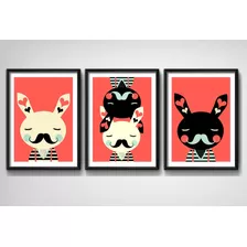 3 Quadros Coelhos Bigodes Decoração Quarto Infantil Criança