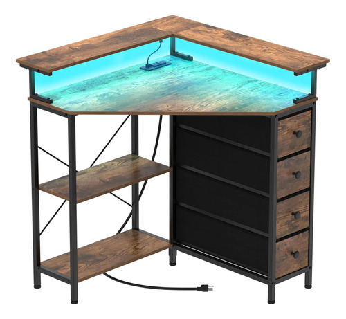 Escrivaninha De Canto Gamer Com Led E Tomadas Usb Marron