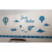 Painel + 4 Faixas Mdf Branco Balões E Nuvens Quarto Bebê