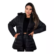 Jaqueta Parka Feminina Dupla Face Nylon/peluciada Preto