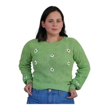 Blusa Tricot Feminina Verde Bordada Flores