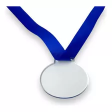 50 Medalhas Redondas 5cm Acrílico Cristal 2mm C/ Fita Azul