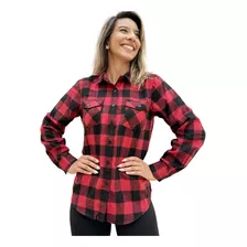 Camisa Xadrez Flanelada Manga Longa Feminina Com Bolso Blusa