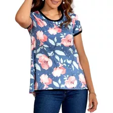 Blusa Blusinha Mullet Alongada Estampa Floral Azul Feminina