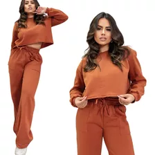 Conjunto Cropped Feminino E Calça Wide Leg Pantalona Moletom