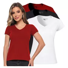 Kit 3 Blusas Feminina Babylook Slim Algodão Gola V Básica