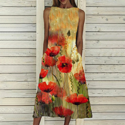 Vestido De Mujer Holgado Sin Mangas Con Bolsillo Largo Con C Vestido De Mujer Holgado Sin Mangas Con Bolsillo Largo Con C