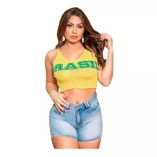 Blusinha Cropped Feminino Tricot Brasil Regata Copa Do Mundo