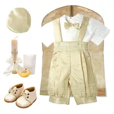 Traje Bautizo Niño Bombacho Ropón + Kit Vela + Boina Israel