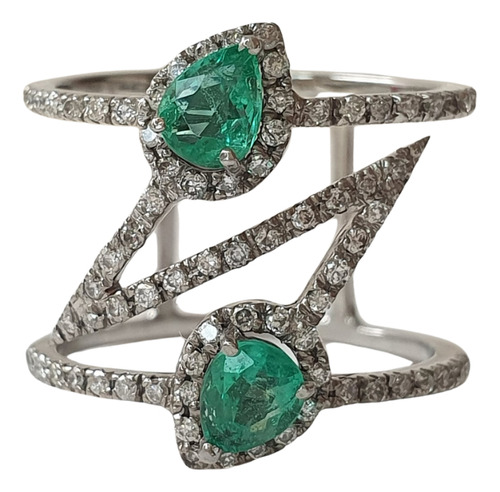 Anel Gotas De Esmeraldas 0,60ct E Diamantes De Ouro 18k 750 Branco 18