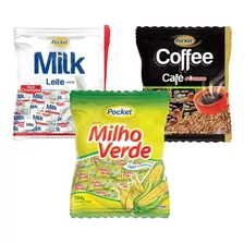 Bala Pocket Kit Com 3 Sabores Café, Milho E Leite 500g Cada