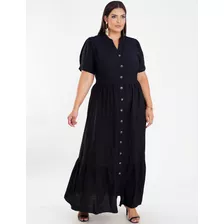 Vestido Longo Poliviscose Chamise Preto Dona Charme