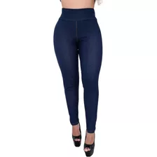 Calça Imita Jeans Cintura Alta Com Bolso Costura Reforçada