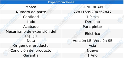 Espejo Derecho Elect P/pintar Camry De 2018 A 2020 Genrica Foto 2