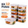 Kit 12 Potes Marmita Com Trava Lateral Freezer Microondas Transparente