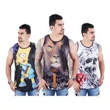 Kit 3 Regatas Masculinas Long Line Estampas Diversas Fitness