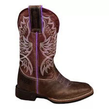 Bota Texana Feminina Couro Legitimo Bordados Lavanda Branco