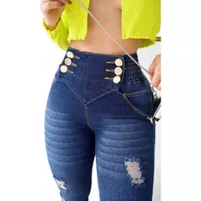 Calça Botões Cós Alto Elastico Jeans Feminina Barata Dins