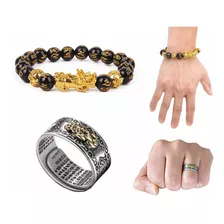 Kit Pulseira E Anel Feng Shui Pixiu Sorte Riqueza Amor Paz