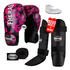 Kit Muay Thai Luva De Boxe Caveira Rosa Freestyle 14oz