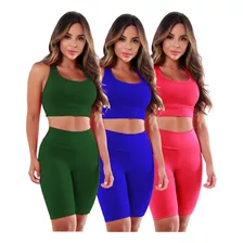 Kit 3 Conjuntos Fitness Bermuda Top Roupas Feminina Academia