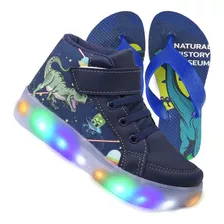 Kit Tênis Masculino Infantil Led Botinha Dinossauro Chinelo