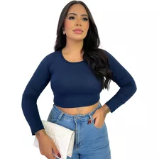 Blusa Feminina Cropped Gola Careca / Canoa Manga Longa