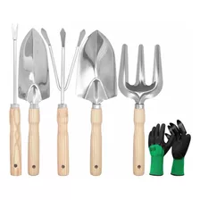 Kit Herramientas Jardín X5 +guantes Acero Inox Mango Madera