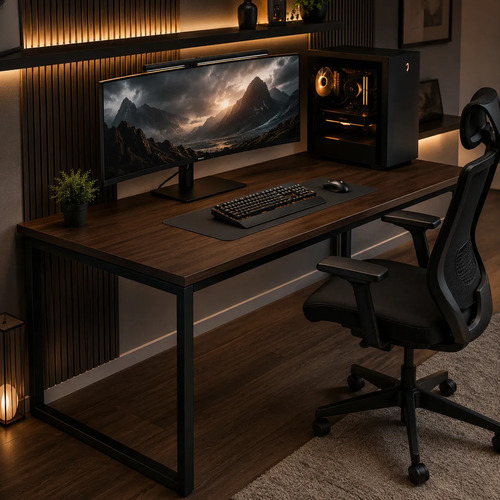 Mesa Gamer Industrial 150cm Para Pc E Home Office Pés De Aço Nogal