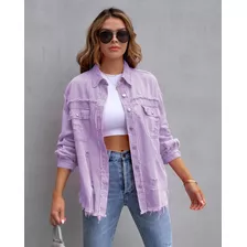 Jaqueta Jeans Feminina Clássica Oversize Rasgada Borda Crua