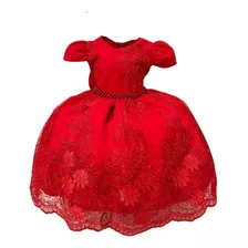 Vestido Infantil Vermelho Renda Realeza Cinto Pérolas Luxo