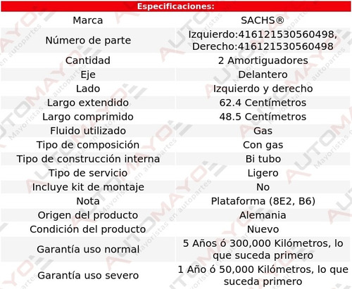 2-amortiguadores Gas Delanteros Sachs Audi A4 Quattro 00-05 Foto 2