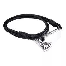 Pulsera Cuero Hacha Vikinga Plateado Hombre Moda 2019