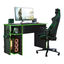 Mesa Para Computador Gamer 2 Prateleiras Suporte P Headset Cor Preto/verde