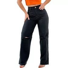 Calça Wide Leg Jeans Destroyed Jeans Pantalona Larga Rasgada