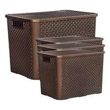 Kit 4 Caixas Rattan Organizadoras 70 E 25 Litros Com Tampa Cor Marrom