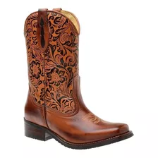 Bota Texana Feminina Montaria Estampada Floral Bico Quadrado