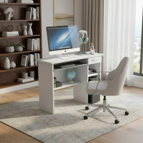 Mesa Escrivaninha C/tampo Madeira E Suporte Teclado Branco