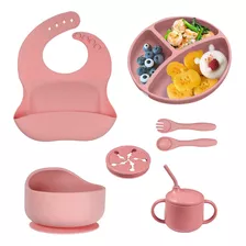 Kit 8 Alimentação Bebê Silicone Prato Babador Alimentar