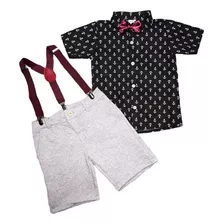 Roupa De Bebe Menino Conjunto Camisa Bermuda Gravata Calor