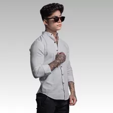 Camisa Social Masculina Manga Longa Gola Padre Aspecto Linho