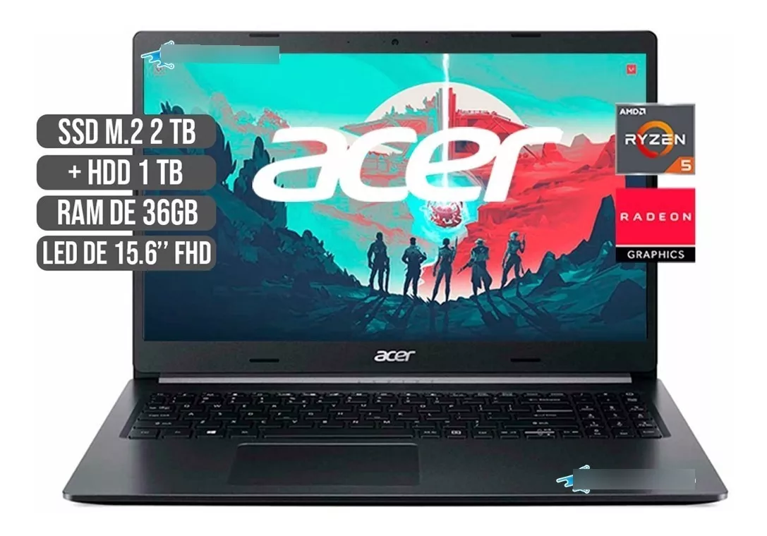 Portátil Acer Amd Ryzen 5 5500u Ssd 2tb + Hdd 1tb Ram 36gb