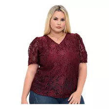 Blusa Plus Size De Renda Gola V Manga Curta Seroy