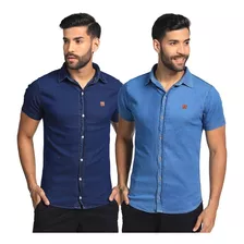 Kit Com 2 Camisas Jeans Masculinas Slim Com Lycra Bamborra