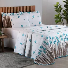 Cobre Leito Queen 03 Peças Colcha Tulipas Matelado Cor Azul-turquesa Túlipa