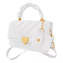 Bolso Bandolero Pequeño Corazón Con Monedero Elegante Acabado De Los Herrajes Dorado Color Blanco Correa De Hombro Blanco Diseño De La Tela Rayas