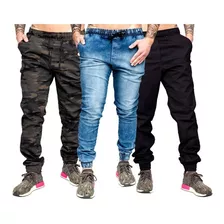 Kit 3 Calças Jeans Camuflada Lisa Masculina Jogger C Punho 