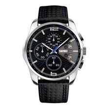 Reloj Pulsera Skmei 9106 De Cuerpo Color Plateado, Analógico, Para Hombre, Fondo Negro, Con Correa De Cuero Color Negro Y Azul, Agujas Color Blanco Y Azul, Dial Plateado, Subesferas Color Negro, Minut