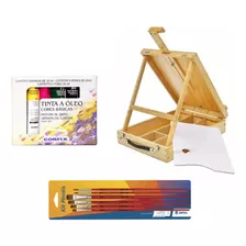 Kit Pintura Maleta Cavalete + 6 Tintas Óleo + 6 Pinceis 