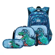 Set 3 Mochila Escolar Para Niños De Primaria Con Lonchera Y Lapicera De Dinosaurio Ultraligera Impermeable Proteje Columna